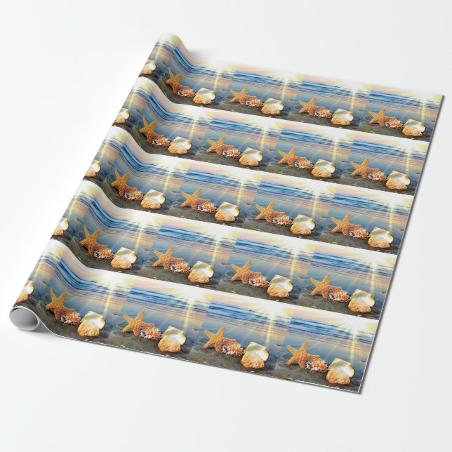 Papier Cadeau Coquillages marins et étoiles de mer sur la plage (Déroulé)