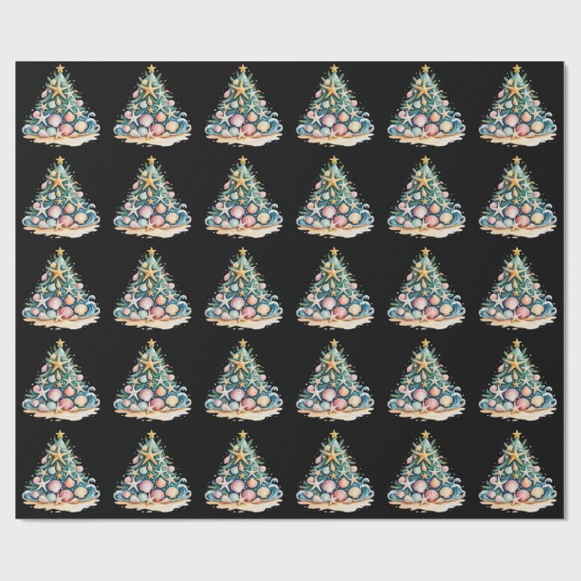 Papier Cadeau Coquillages Sapin de Noël Eau Océan Étoile de Mer  (Plat)