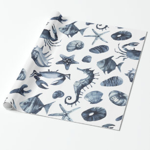 Papier Cadeau Coquille d'hippocampe bleu marine