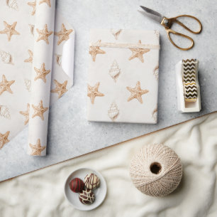 Papier Cadeau Coquilles d'étoiles de mer crème Mariage sur la pl