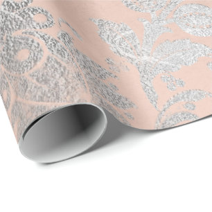 Papier Cadeau Corail Argent Pêche Gris Métallo rose floral Blush