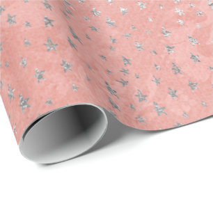 Papier Cadeau Corail Argent Pêche Gris Métallurgie Étoiles Blush