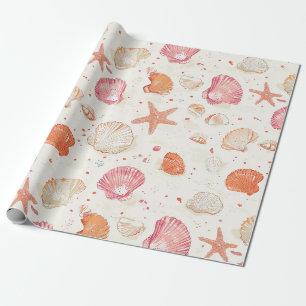 Papier Cadeau Corail Rose Terracotta Ivoire Coquillages Anciens