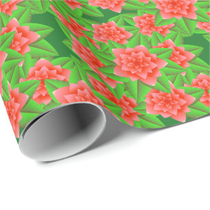 Papier Cadeau Coral Orange Camellias et Feuilles verts