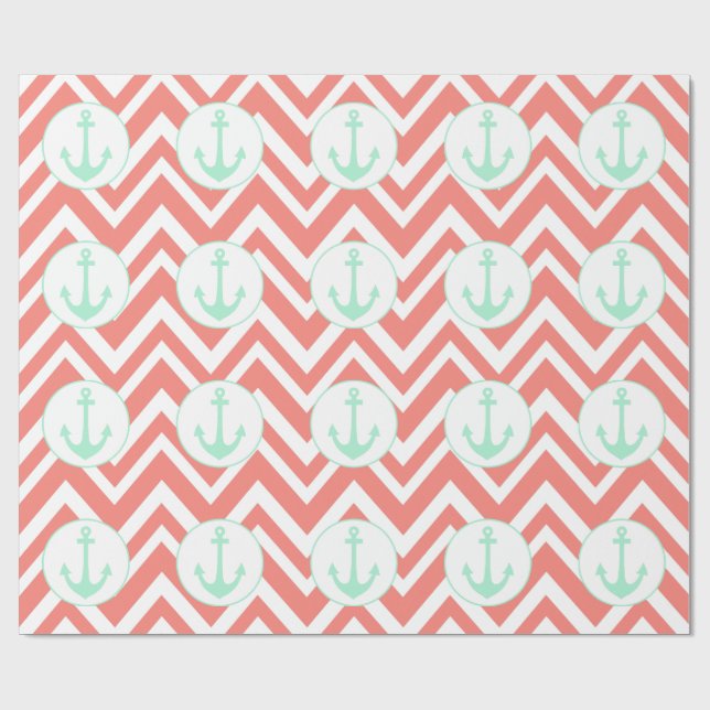 Papier Cadeau Coral rose et blanc Chevron avec Mint Nautical (Plat)