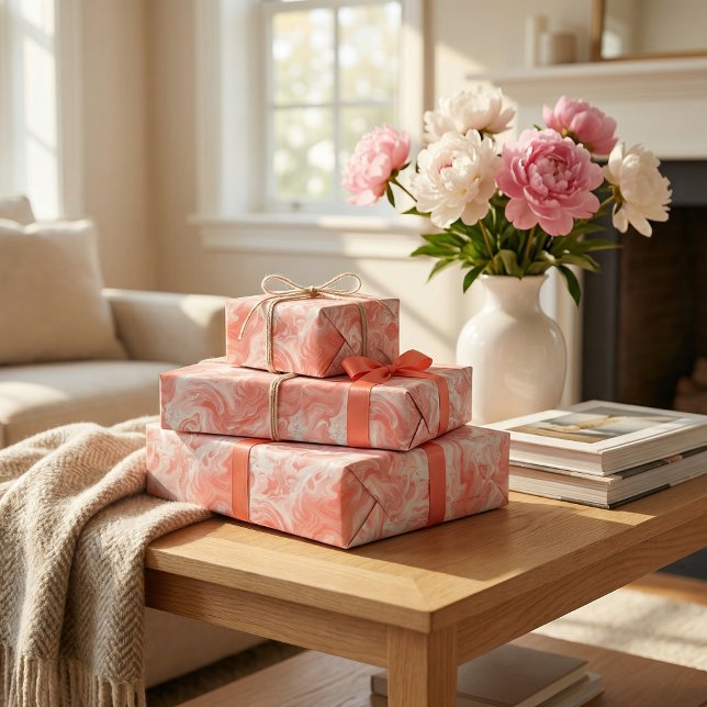 Papier Cadeau Coral rose et Marbre blanc comme Motif fluide (Créateur téléchargé)
