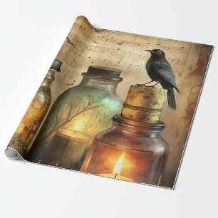 Papier Cadeau Corbeau à la lumière des bougies avec des bouteill
