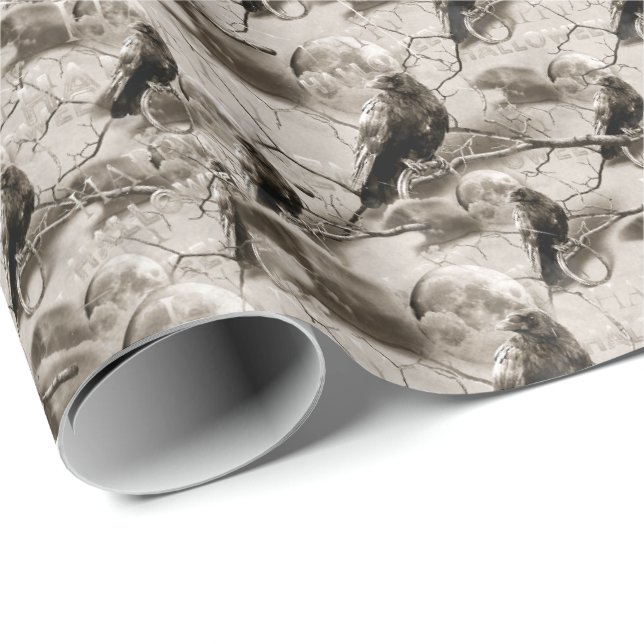 Papier Cadeau Corbeau gothique éffrayant En Pleine lune Hallowee (Coin rond)