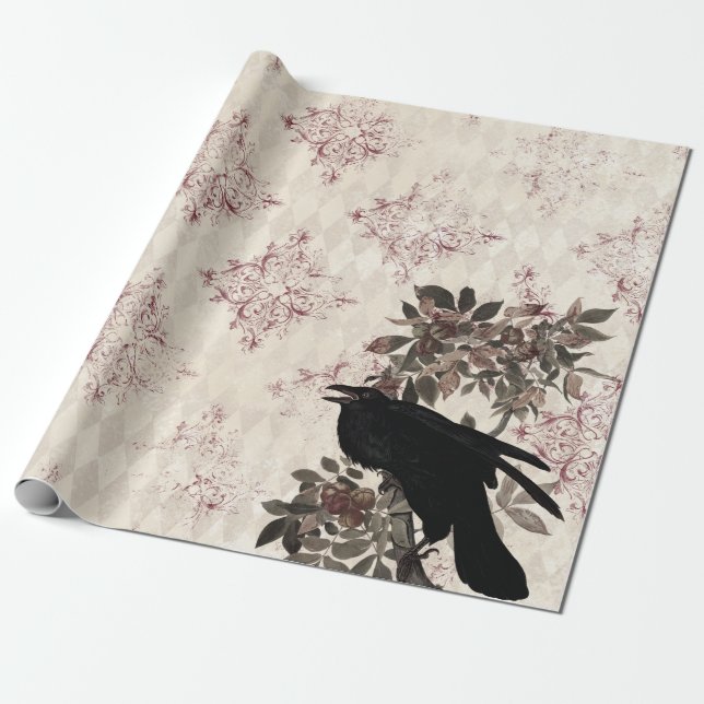 Papier Cadeau Corbeau noir sur Branche Bourgogne Damas (Déroulé)