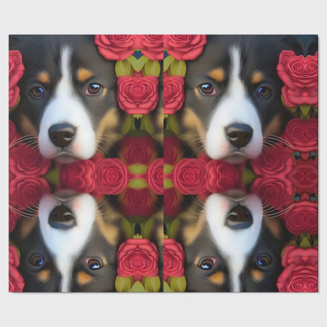 Papier Cadeau Corgi Chiot en roses rouges Papier Tissu (Couture)