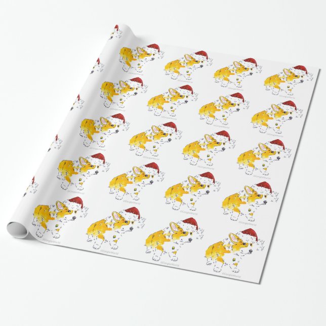 Papier Cadeau Corgi Noël de casquette de Père Noël et papier (Déroulé)