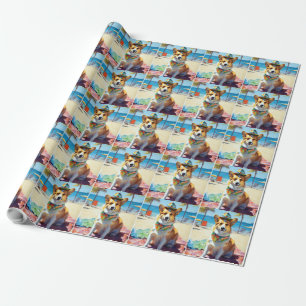 Papier Cadeau Corgi on Beach, cadeau d'été pour les amoureux de 