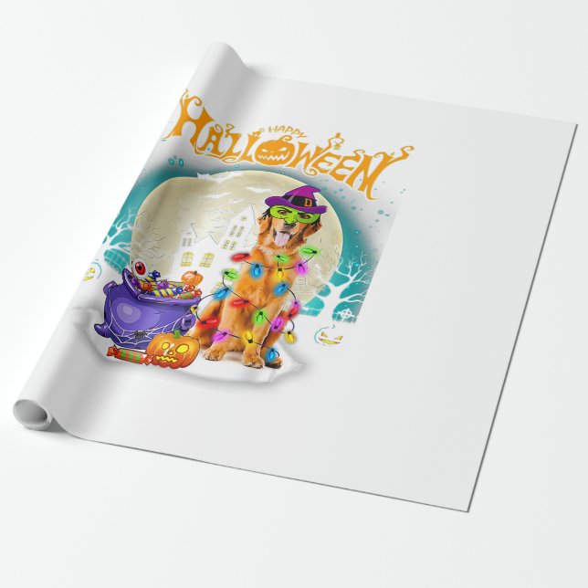 Papier Cadeau Costumes de sorcière Golden Retriever Halloween Lu (Déroulé)