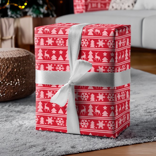 Papier Cadeau Cosy Knit Red Knitting Motif Noël (Cozy Knit Red Knitted Sweater Pattern Christmas Wrapping Paper)