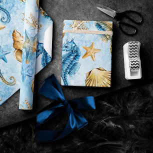 Papier Cadeau Côté Chic Moderne bleu et or sous la mer