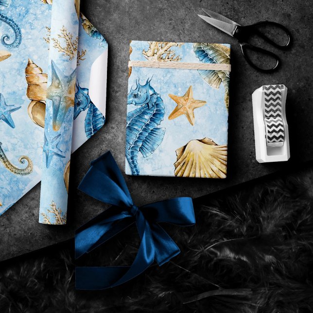 Papier Cadeau Côte Chic | Moderne bleu et or sous la mer (Créateur téléchargé)