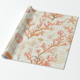 Papier Cadeau Côtière rustique - Coquillages, Poissons étoilés, 