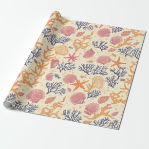 Papier Cadeau Côtière rustique - Coquillages, Poissons étoilés, 