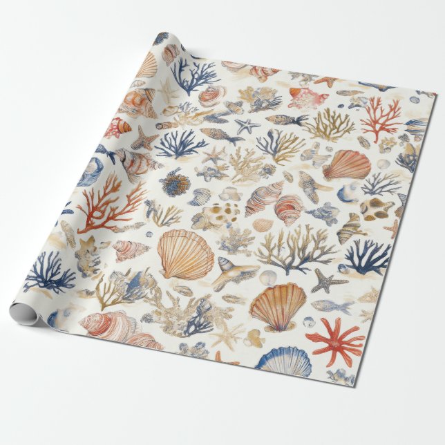 Papier Cadeau Côtière rustique - Coquillages, Starfish, Reef (12 (Déroulé)