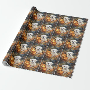 Papier Cadeau Coton De Tulear Halloween avec citrouilles effraya