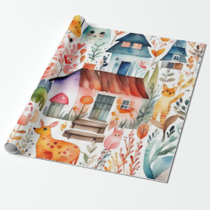 Papier Cadeau Cottage fleuri coloré motif