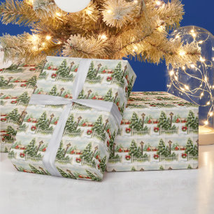 Papier Cadeau Cottage rouge de Noël Pins de lanterne