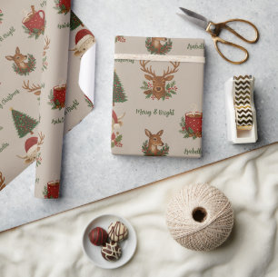 Papier Cadeau cottagecore rustique joyeux noël animaux & cacao