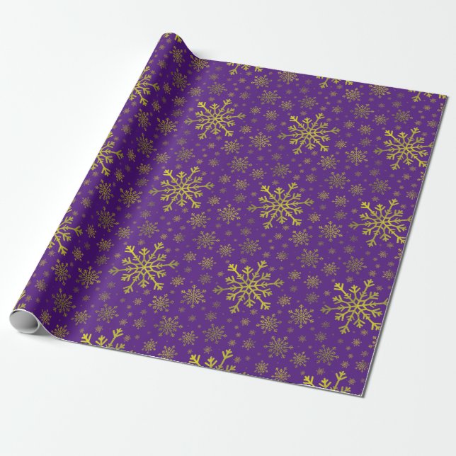 Papier Cadeau Coucou jaune or Noël Snowflakes sur violet (Déroulé)