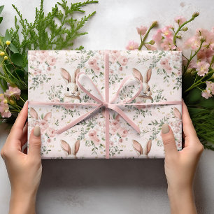 Papier Cadeau Couleur d'eau - Visages de lapin et couronne de fl