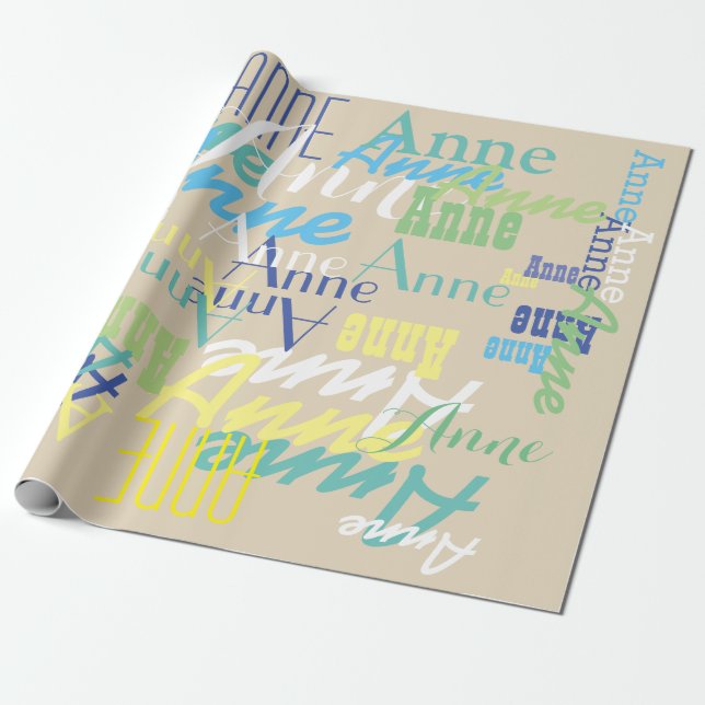 Papier Cadeau couleur personnalisée enfant nom motif sur beige (Déroulé)