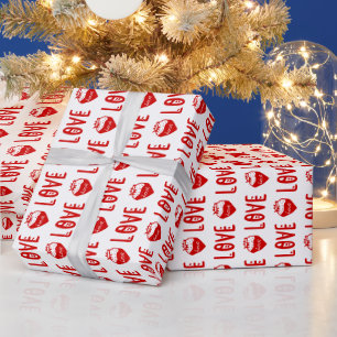 Papier Cadeau Couleurs DIY Cœurs LOVE Fraise Texte Blanc Rouge