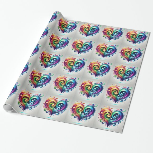 Papier Cadeau Couleurs vives du coeur arc-en-ciel (Déroulé)
