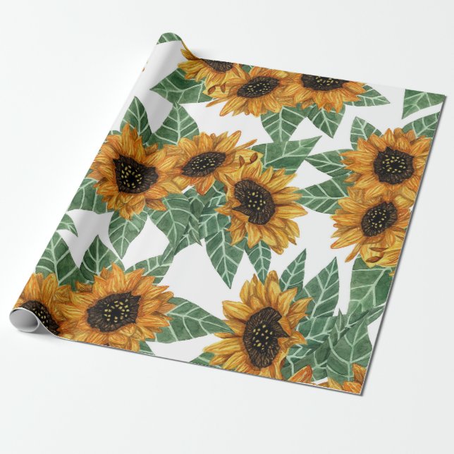 Papier Cadeau Country Cute Yellow Sunflowers Aquarelle Motif (Déroulé)
