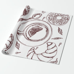 Papier Cadeau Coupe de thé, une pâtisserie, croissant, vintage, 