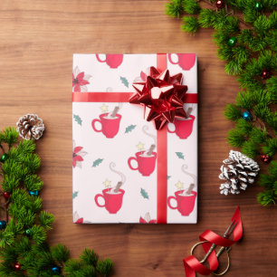 Papier Cadeau Coupe rouge de café de Noël   spriges de saint