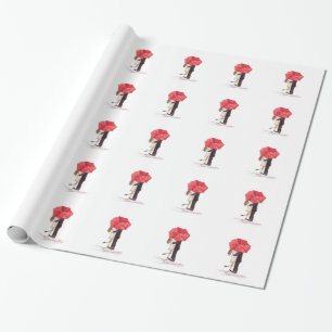 Papier Cadeau Couple en amour sous parapluie rouge aquarelle chi