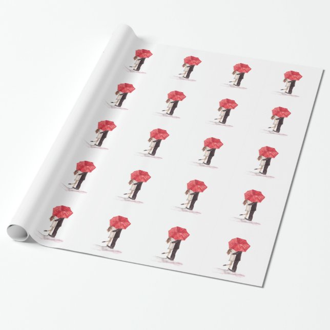 Papier Cadeau Couple en amour sous parapluie rouge aquarelle chi (Déroulé)