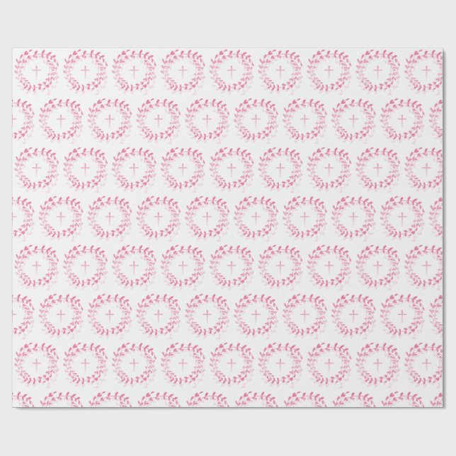 Papier Cadeau Courbe et croix roses de communion (Plat)