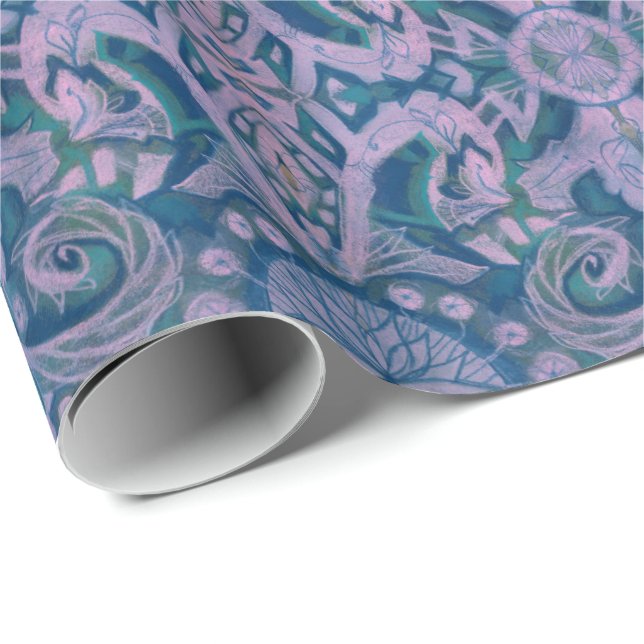 Papier Cadeau Courbes & Lotus, lavande motif abstraite et bleu (Coin rond)