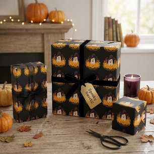 Papier Cadeau Couronne d'automne de fantôme mignon et de citroui