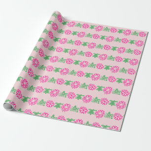 Papier Cadeau Couronne de Noël fantaisiste rose et verte au houx