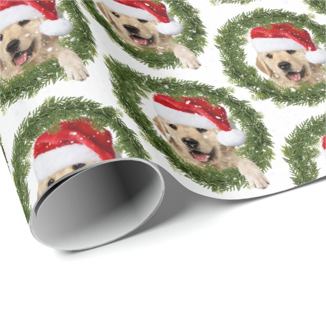 Papier Cadeau Couronne de Noël Golden Retriever (Coin rond)