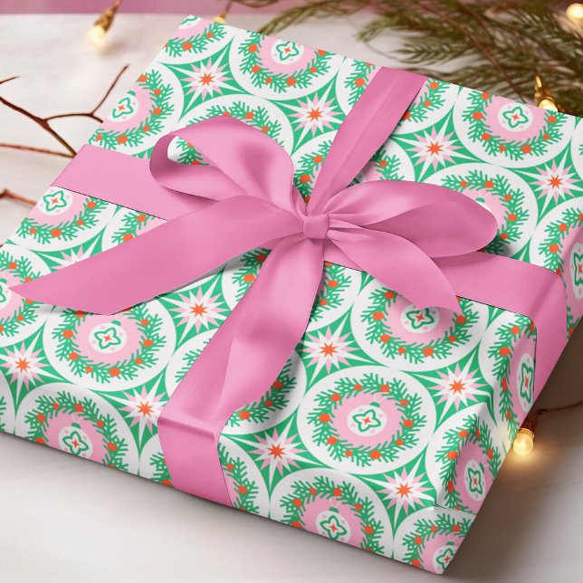 Papier Cadeau Couronne de Noël moderne Motif floral géométrique  (Créateur téléchargé)