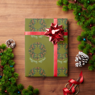 Papier Cadeau Couronne de Paisley Colorée sur Noël Vert