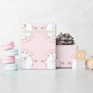 Papier Cadeau Couronne florale personnalisée de bébé lapin rose 