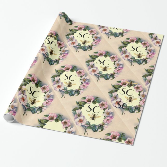PAPIER CADEAU COURONNE ROSE SAUVAGE, HONEY BEE / MONOGRAMME DE L (Déroulé)