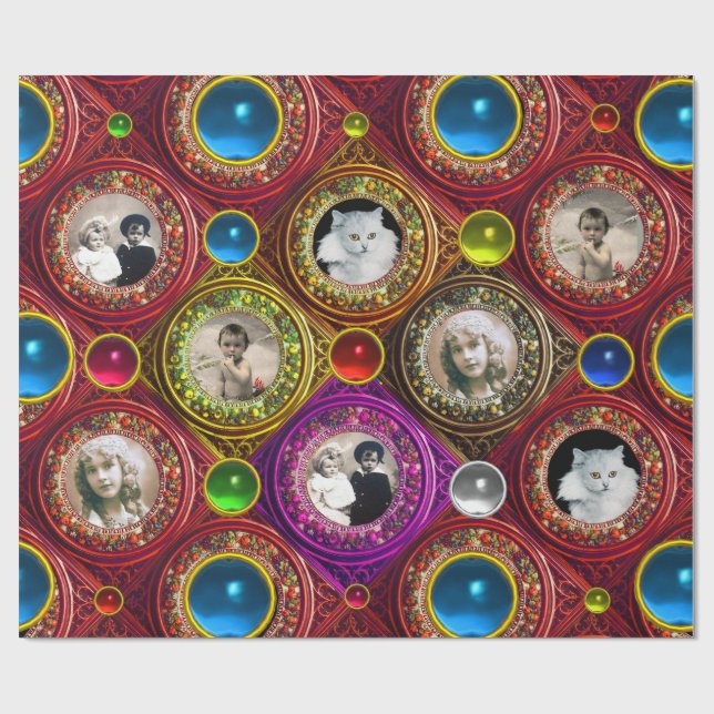 PAPIER CADEAU COURONNES DE NOËL À FLEURS ROUGES, CADRE PHOTO AVE (Plat)