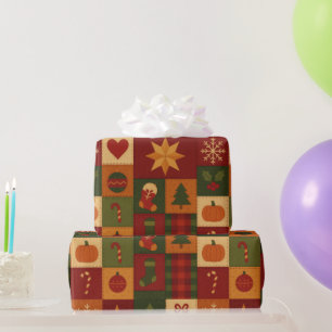 Papier Cadeau Courtepoint Patchwork Rouge Vert Maison de Campagn