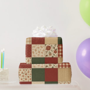 Papier Cadeau Courtepoint Patchwork Rouge Vert Maison de Ferme R