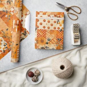Papier Cadeau Couverture florale à carreaux orange Cottagecore